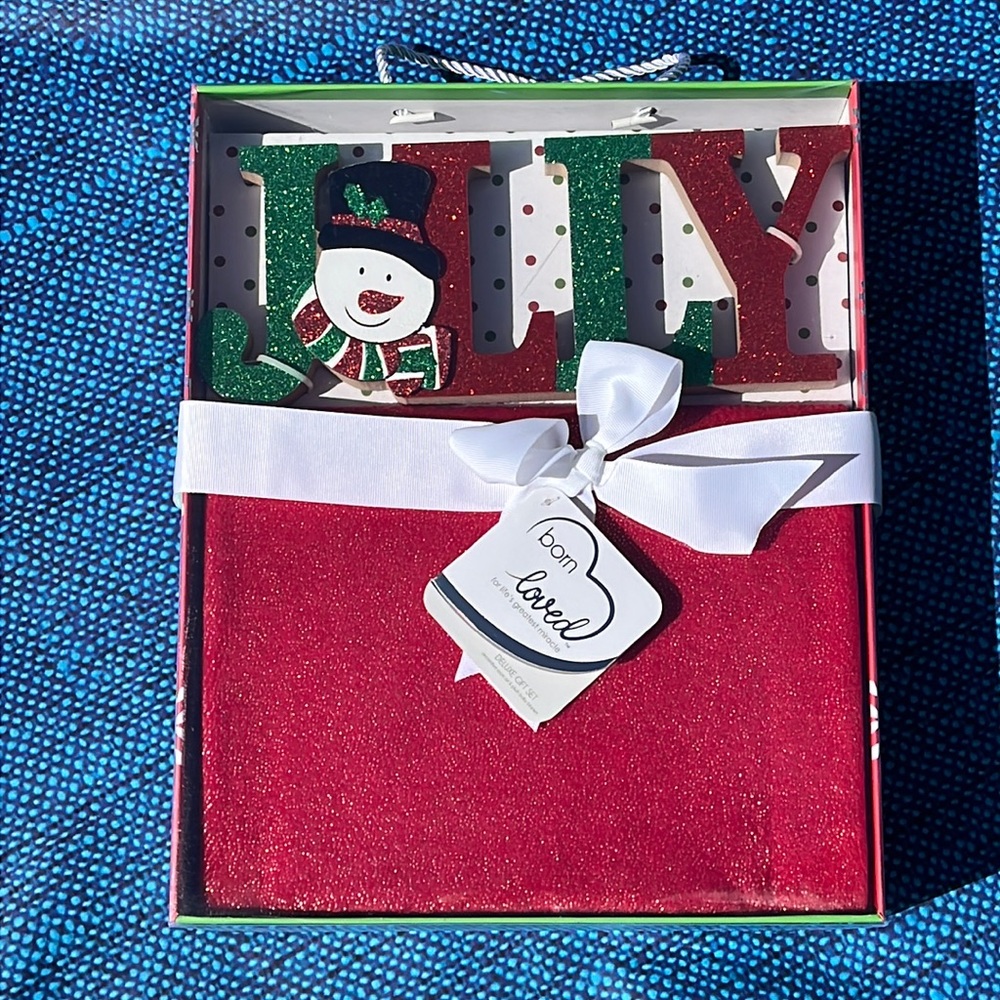 NWT red Christmas baby blanket and "JOLLY" wooden letters
